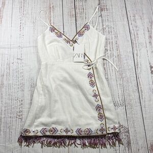 NWT ZARA MINI WRAP DRESS SIZE S EMBROIDERED BEADED FRINGE BOHO FESTIVAL TANK TOP
